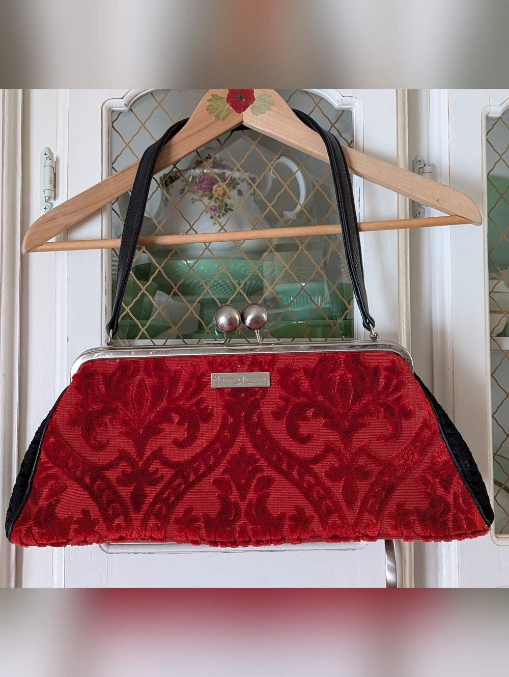 Karen Wilson Red Velvet Damask Baguette Handbag With Strap